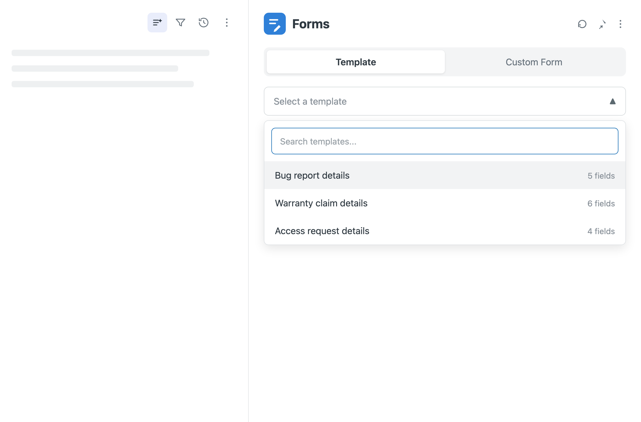 An agent picking a Forms template from the Zendesk ticket sidebar