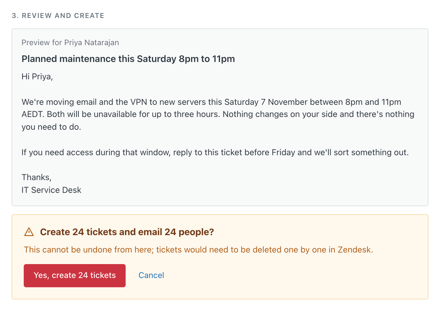 Outreach review step in Zendesk: the personalised preview for one recipient and the confirmation to create 24 tickets and email 24 people