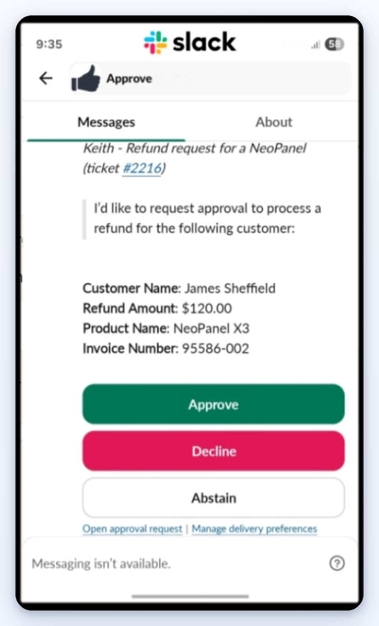 An approval request in Slack: a refund request with the customer, amount and invoice number, above Approve, Decline and Abstain buttons