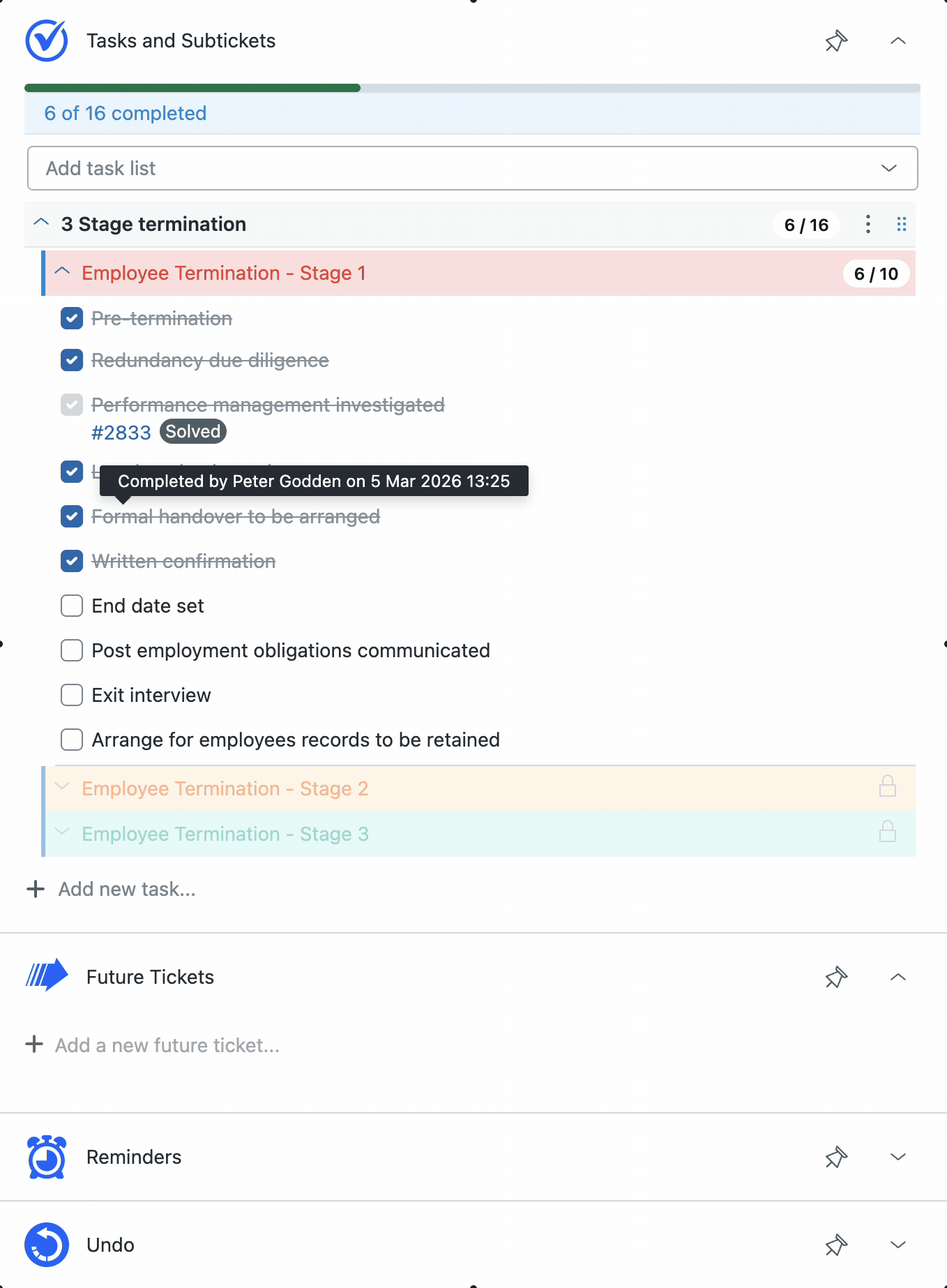 An example of multi-phase task lists in Tasks & Subtickets