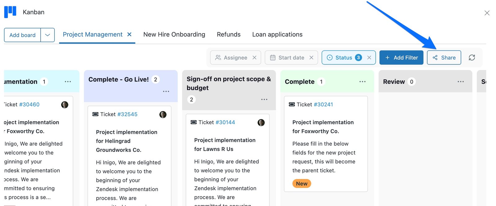 The Share button in the Kanban board toolbar, next to Add Filter