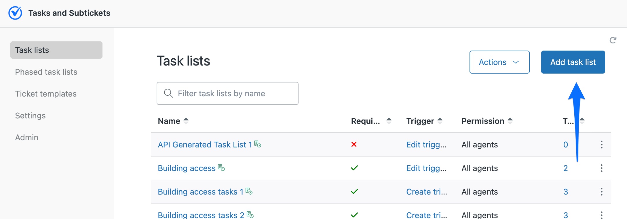 The Tasks and Subtickets admin Task lists screen, with the Add task list button at the top right where you start a new checklist.