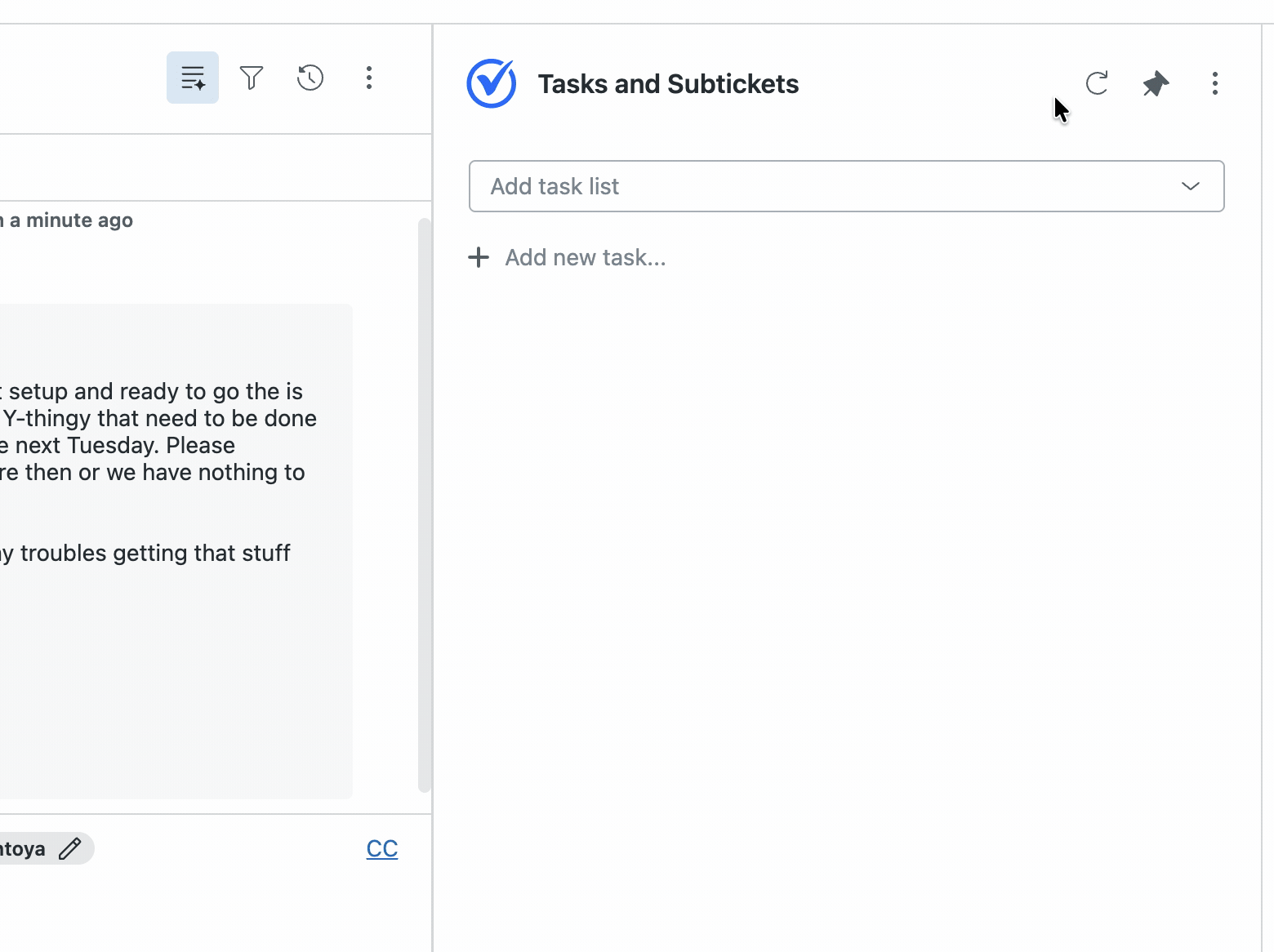 On a Zendesk ticket, the Tasks and Subtickets app open in the right sidebar with a saved checklist added to the ticket from the Add task list dropdown, a few tasks ticked and a few not.
