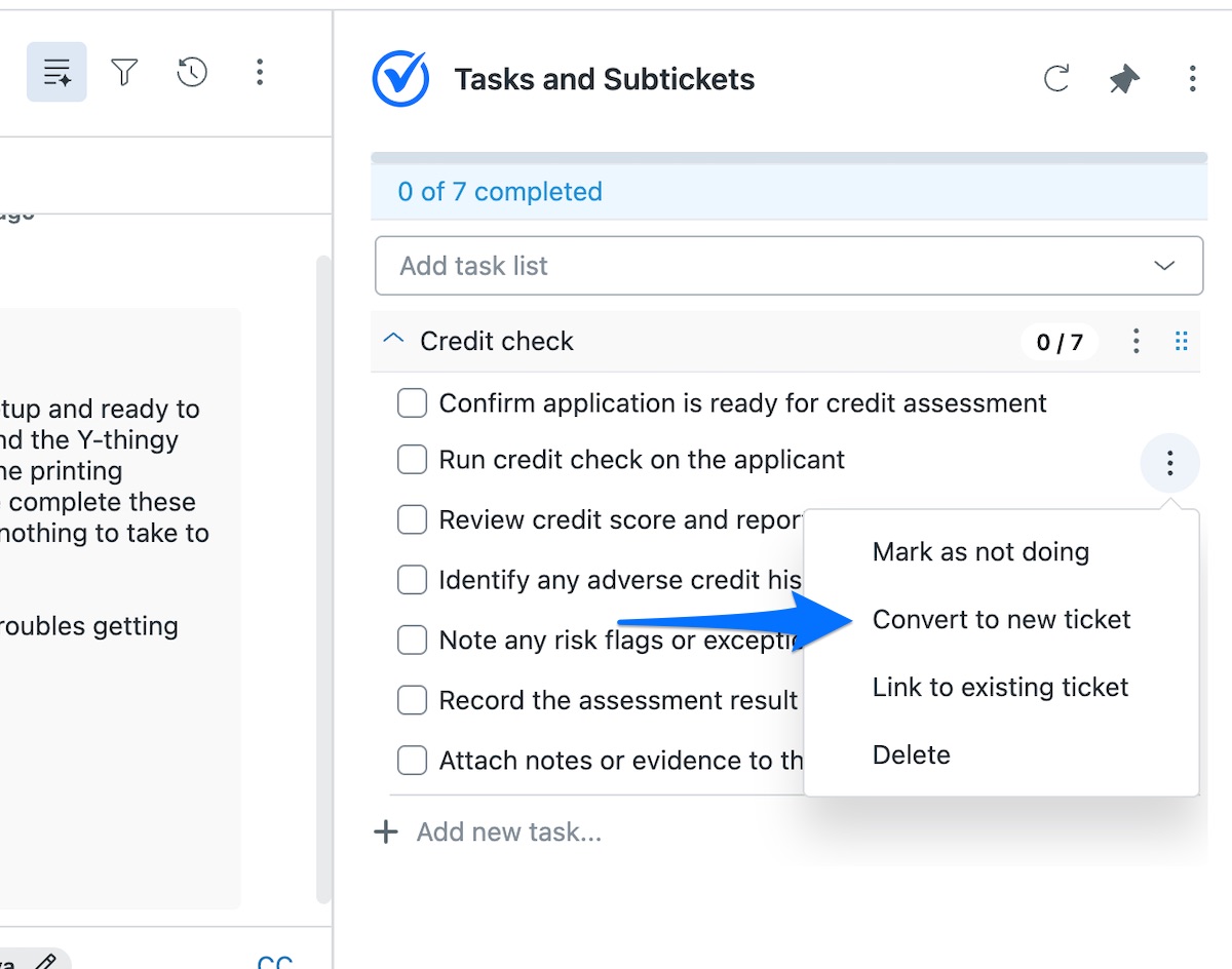 On a Zendesk ticket, the Tasks and Subtickets app with the three dot menu open on one task, showing the Convert to new ticket option (and Link to existing ticket).