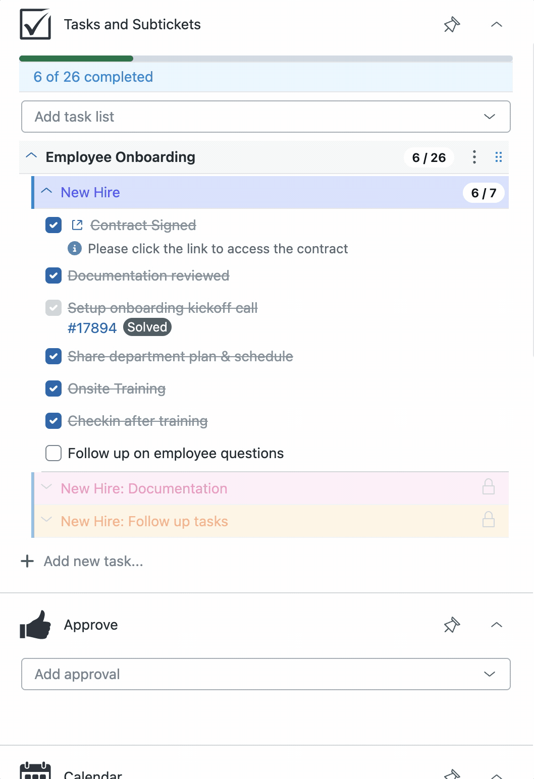 A phased task list on a Zendesk ticket, the current phase active while the later phases stay locked behind a padlock until it is complete.