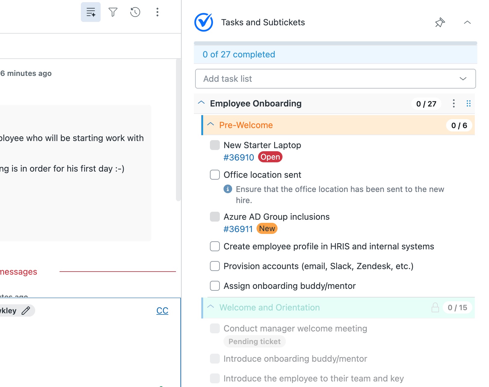 On a Zendesk ticket for an onboarding request, the Tasks and Subtickets app showing a phased onboarding task list with several linked subtickets assigned to different teams (for example IT, Facilities, HR) and their statuses, with later phases still locked.