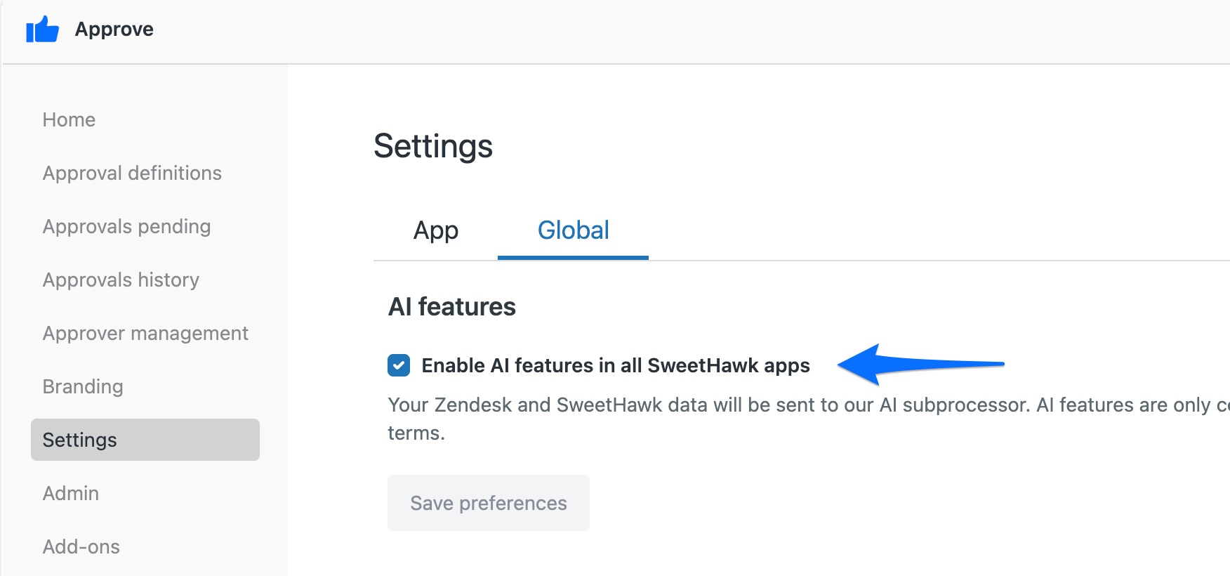 A SweetHawk app Settings page with the Global tab open, showing the Enable AI Features in all SweetHawk Apps checkbox.
