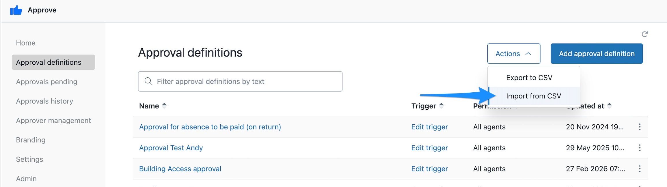 Importing approval definitions from CSV in the new Approve app, using the Actions menu