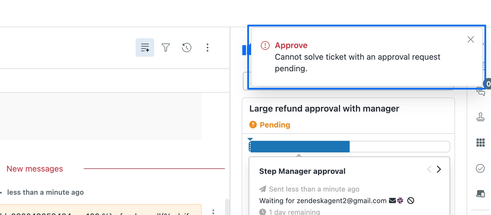 A Zendesk ticket with a pending Approve approval, showing the red Approve error at the top of the screen reading Cannot solve ticket with an approval request pending, with the approval below marked Pending.