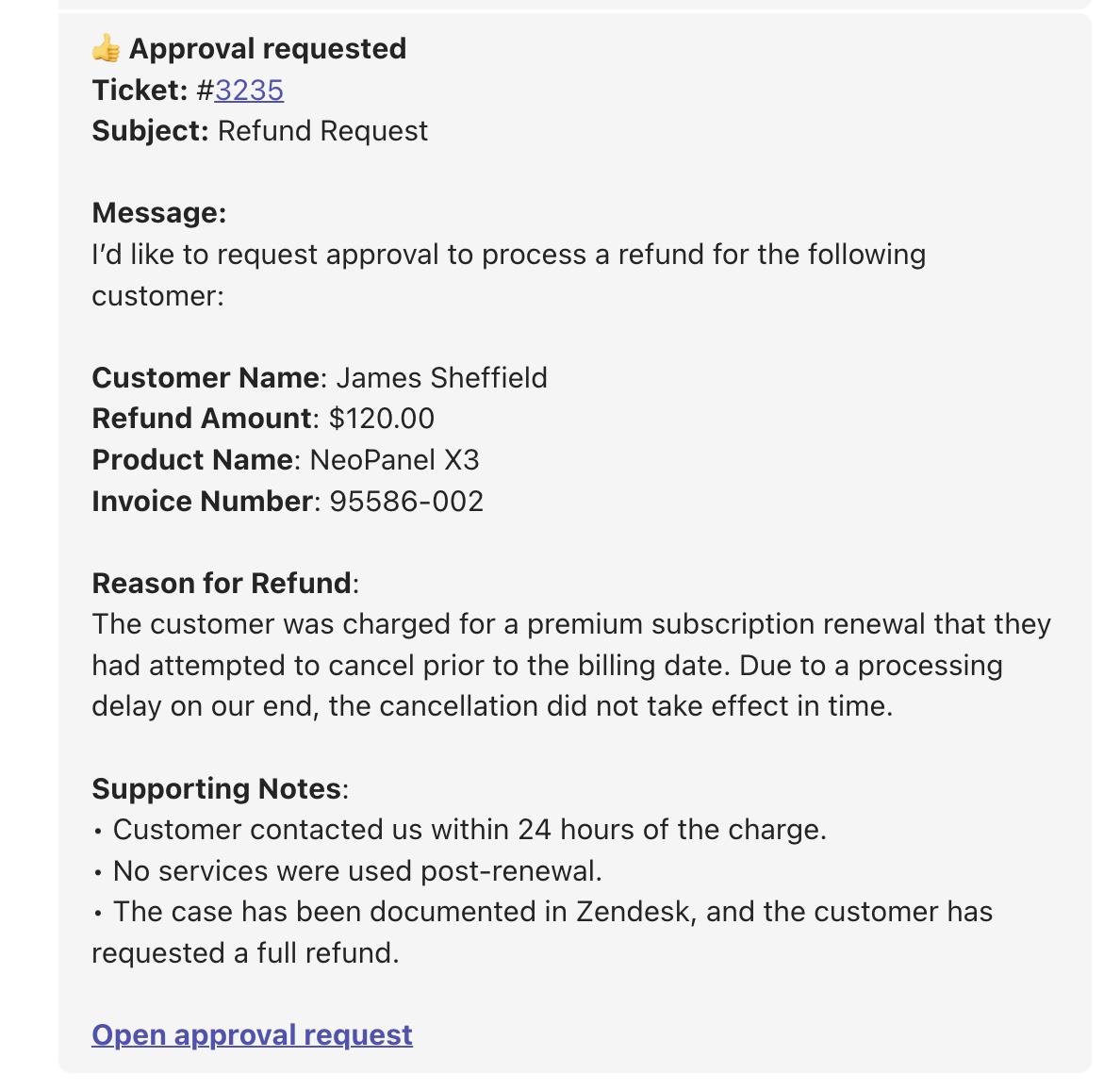 A Microsoft Teams direct message from Approve showing the ticket number, subject, the approval message and an Open approval request link