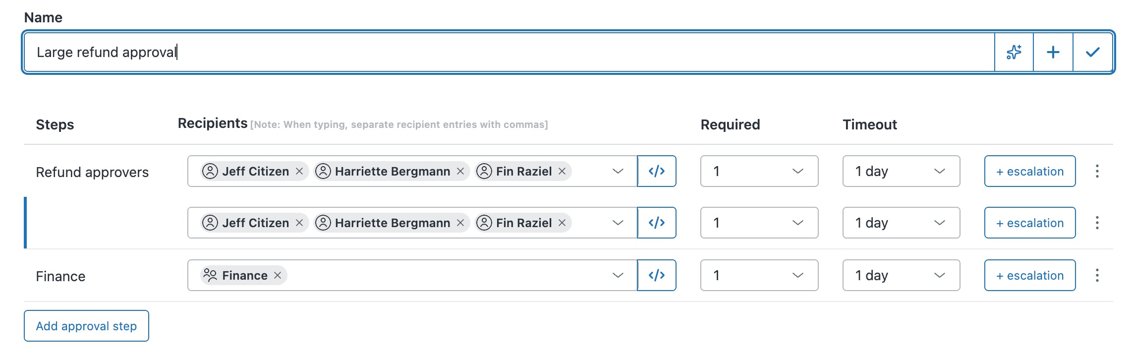 An Approve definition step named Refund approvers with three people added to one Recipients field, next to the Required and Timeout columns, so several approvers are asked in parallel and a set number must approve.