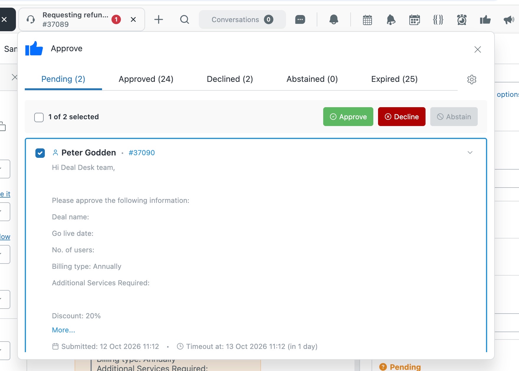 Approving several pending approvals at once from the Approve app in the Zendesk top bar