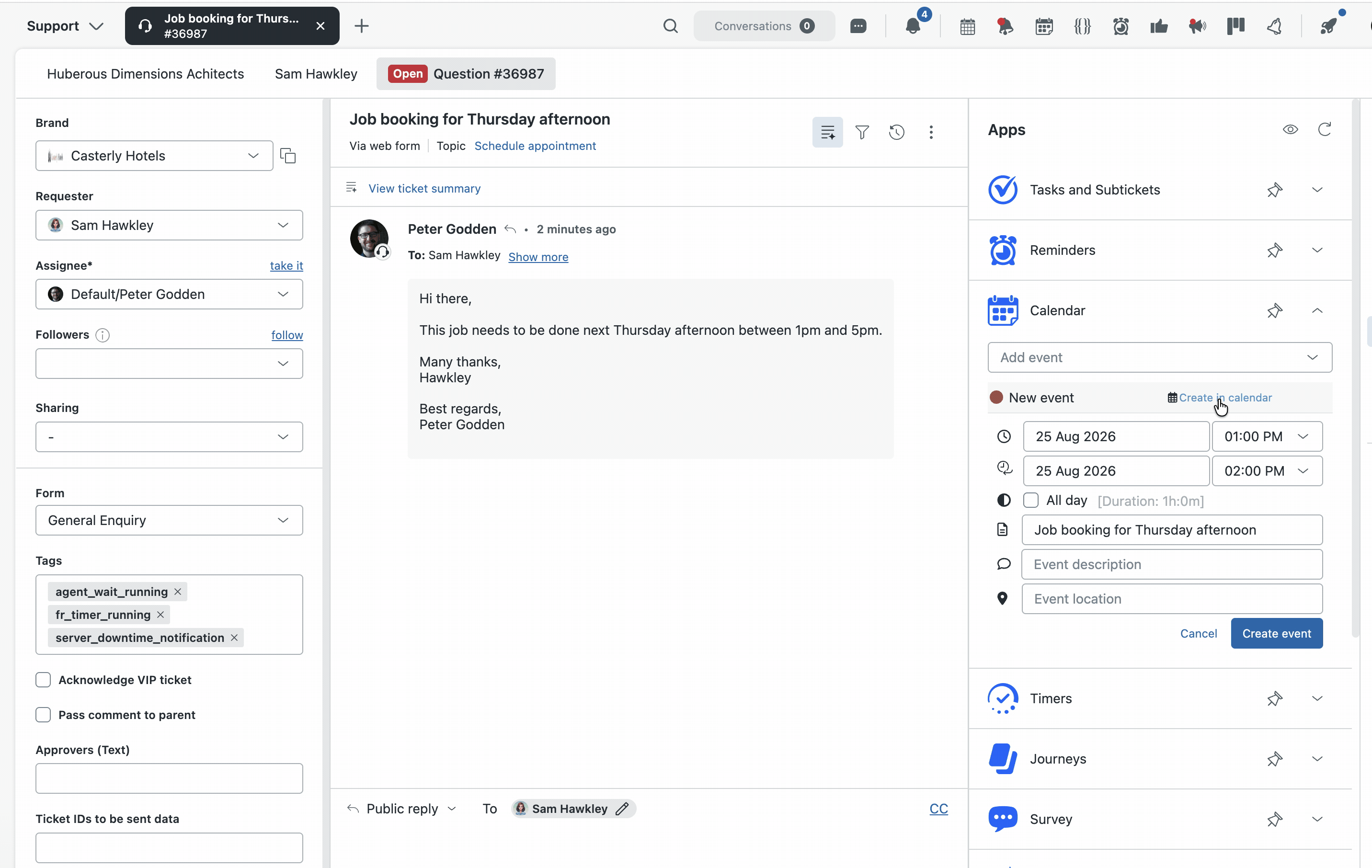 Creating a Calendar event from a ticket: after choosing the calendar and clicking Create in Calendar, the top bar Calendar opens and the event is dragged out across a time slot on the grid to set its start and end, with no manual date or time entry.