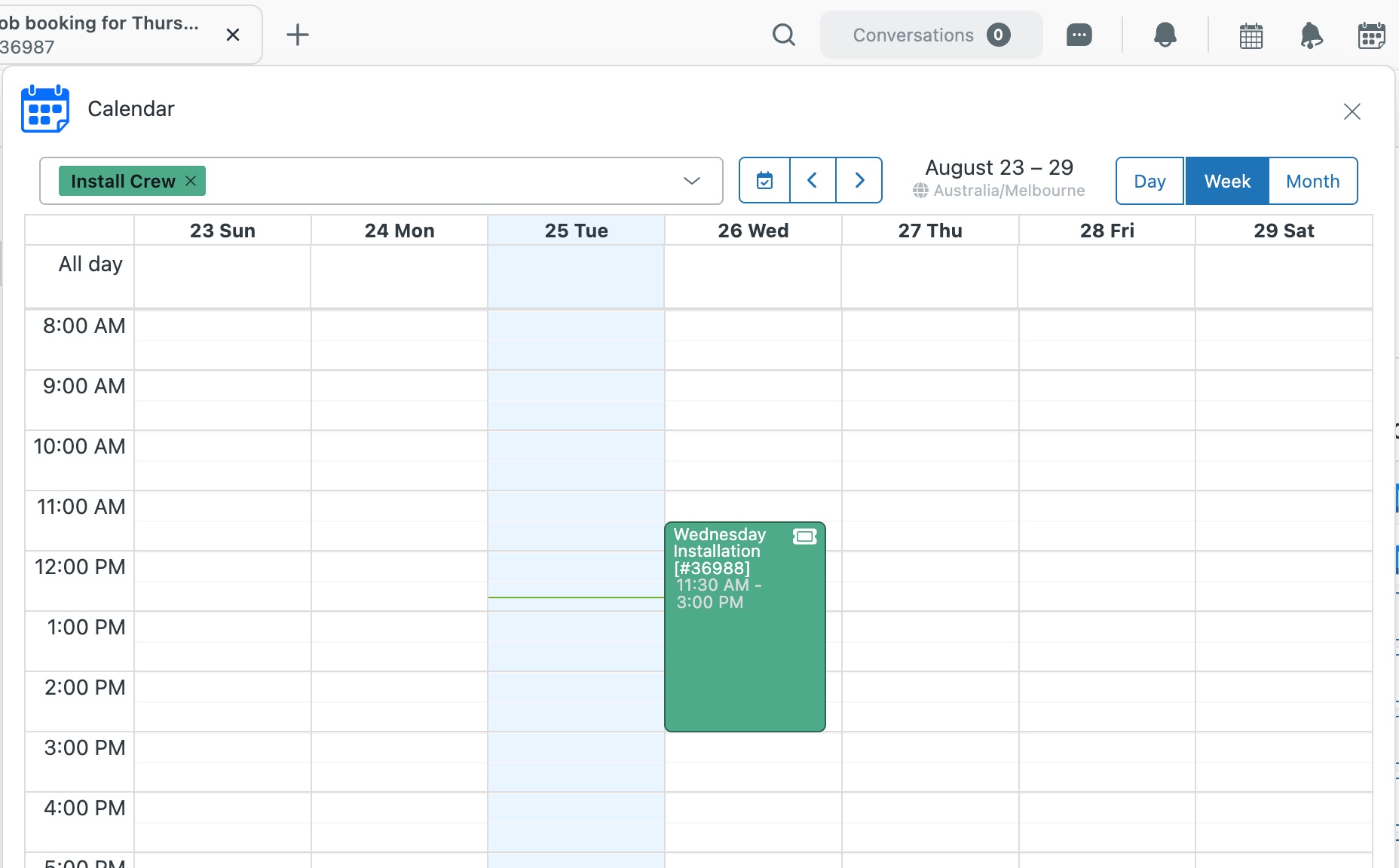 The top bar Calendar app in Zendesk showing the shared Install Crew calendar in week view for August 23 to 29, with a green Wednesday Installation ticket event (#36988) laid out across its time slot.