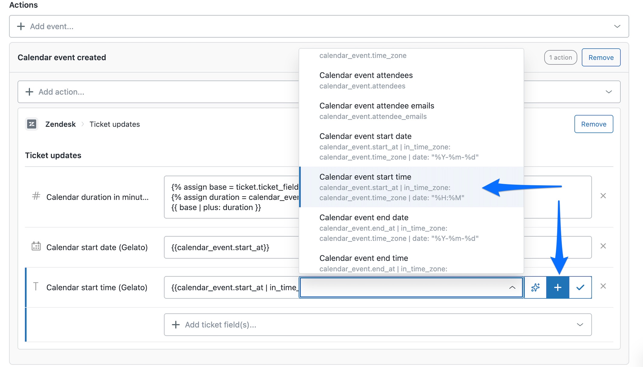 A Calendar workflow set to run when a calendar event starts, its Zendesk ticket updates section mapping a Calendar event start date ticket field to the calendar_event.start_at placeholder using the plus placeholder picker on the right.