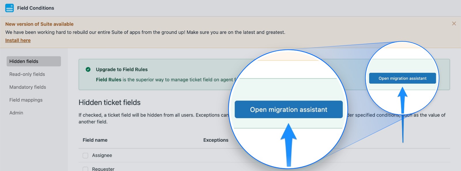 The Open migration assistant button in the Field Conditions app, inside the green Upgrade to Field Rules box