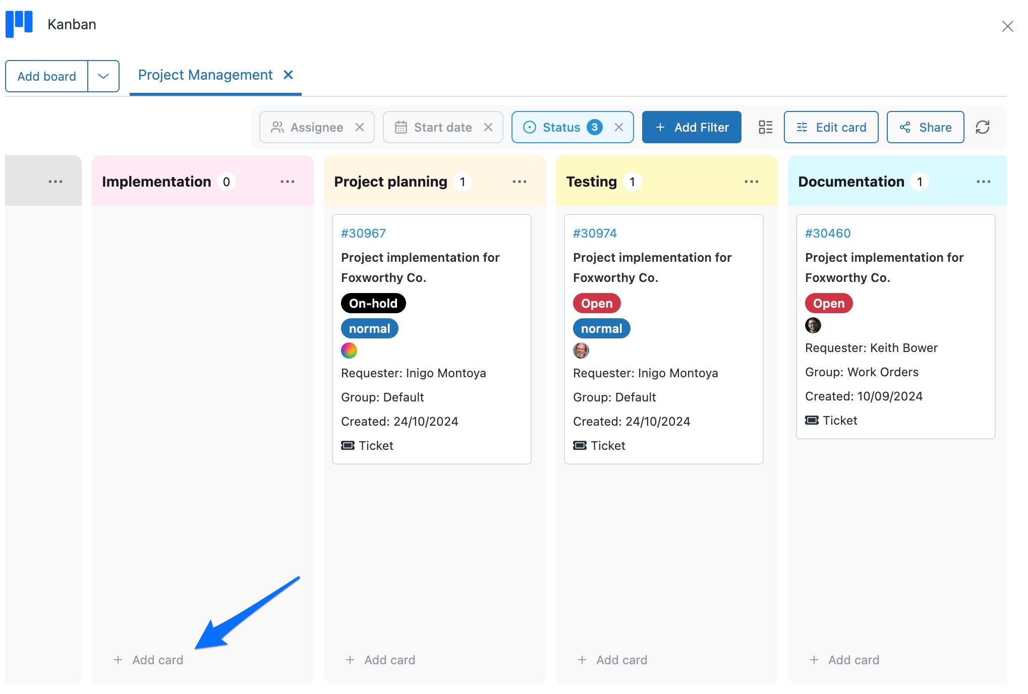 A Kanban board with an arrow pointing to + Add card at the bottom of the Implementation column.