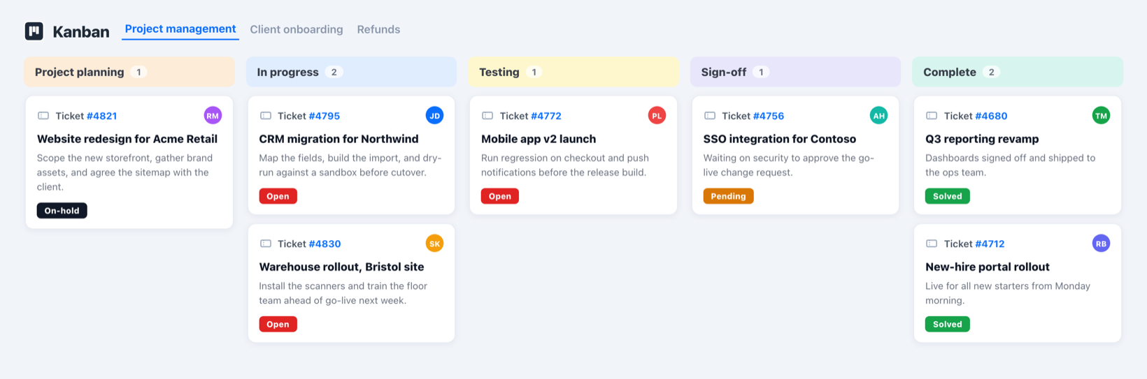 A SweetHawk Kanban board titled Project management, with a column for each project stage (Project planning, In progress, Testing, Sign-off, Complete) and ticket cards for different projects, each with a status pill and an assignee.