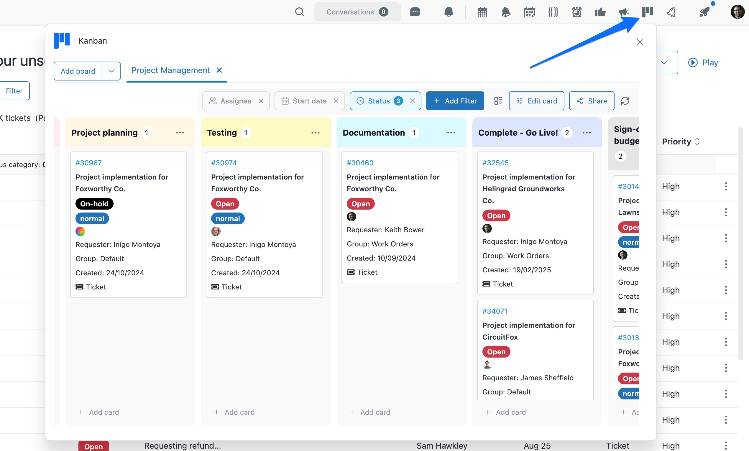A Kanban board open over Zendesk Support, with an arrow pointing to the Kanban icon in the top bar, a Project Management board tab and cards in stage columns.