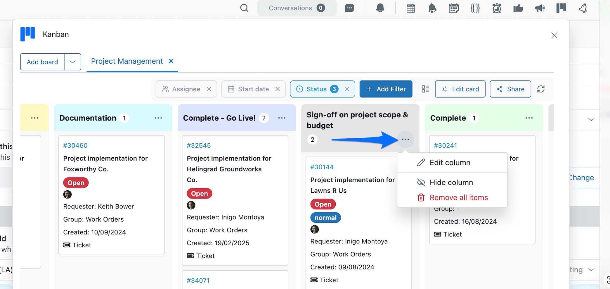 A Kanban board with a column's menu open, showing Edit column, Hide column and Remove all items.