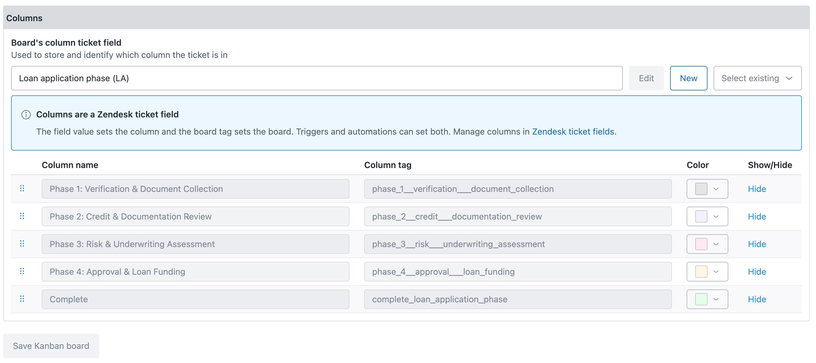 The board's columns listed with greyed-out column names and tags, a color picker and a Hide link for each.