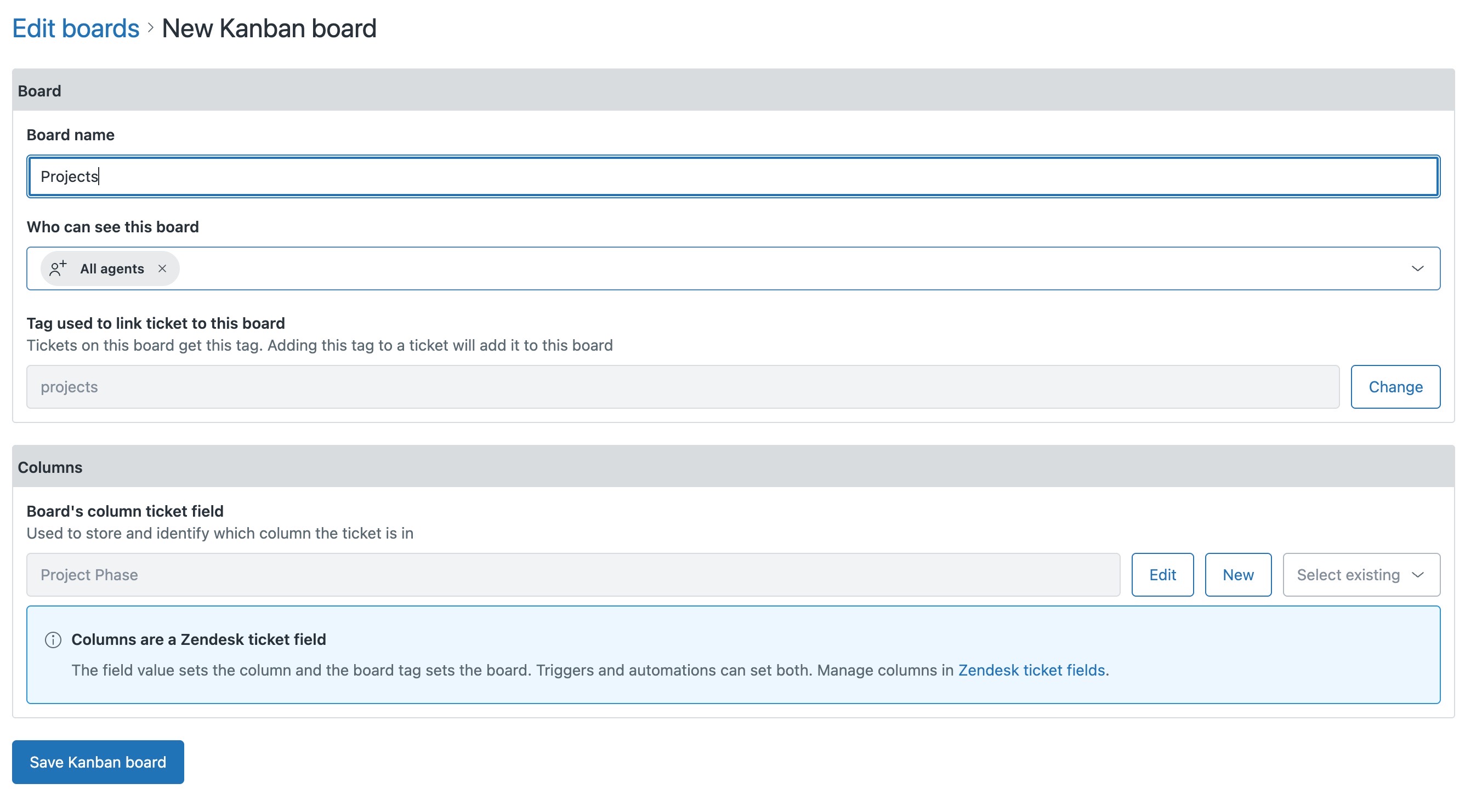 The New Kanban board form: board name Projects, visible to all agents, the projects tag, and the existing Project Phase field selected as the column field.