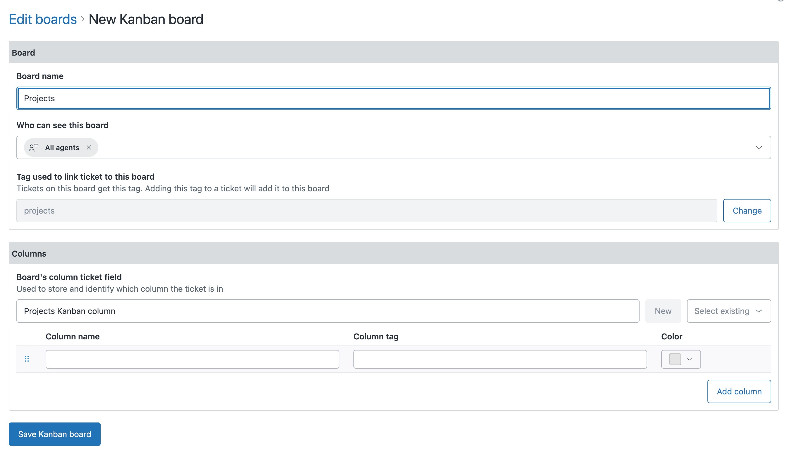The New Kanban board form with a new column field being created, showing Column name, Column tag and Color for each column and an Add column button.