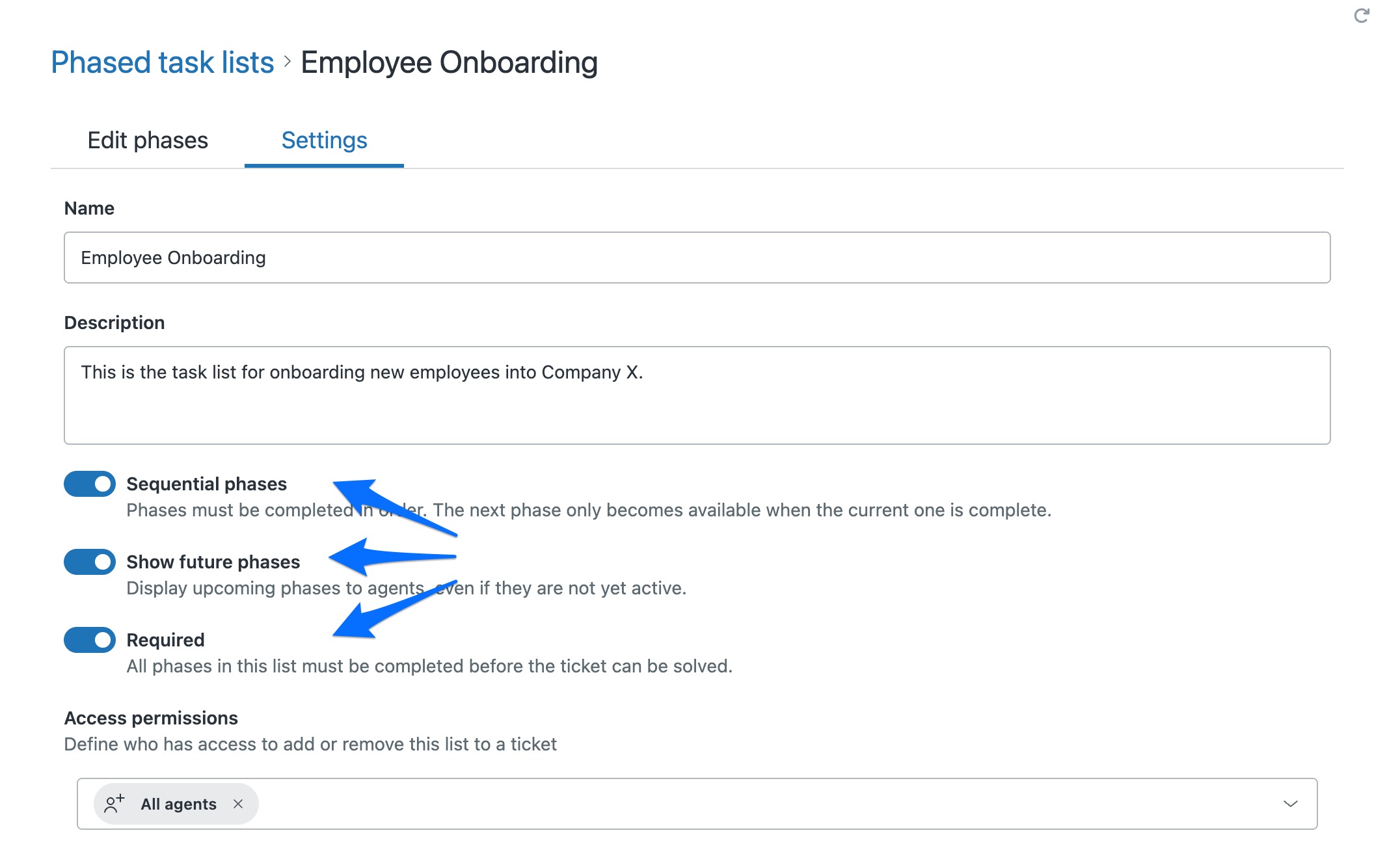 The phased task list Settings tab, showing the Sequential phases, Show future phases, and Required toggles.