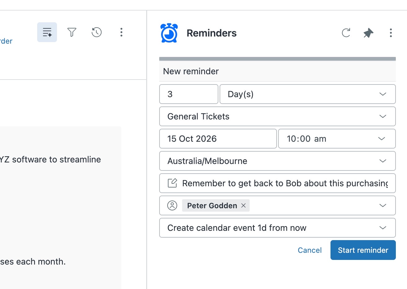 The new Reminders app's More options view, with date, time, time zone, message, people and workflow