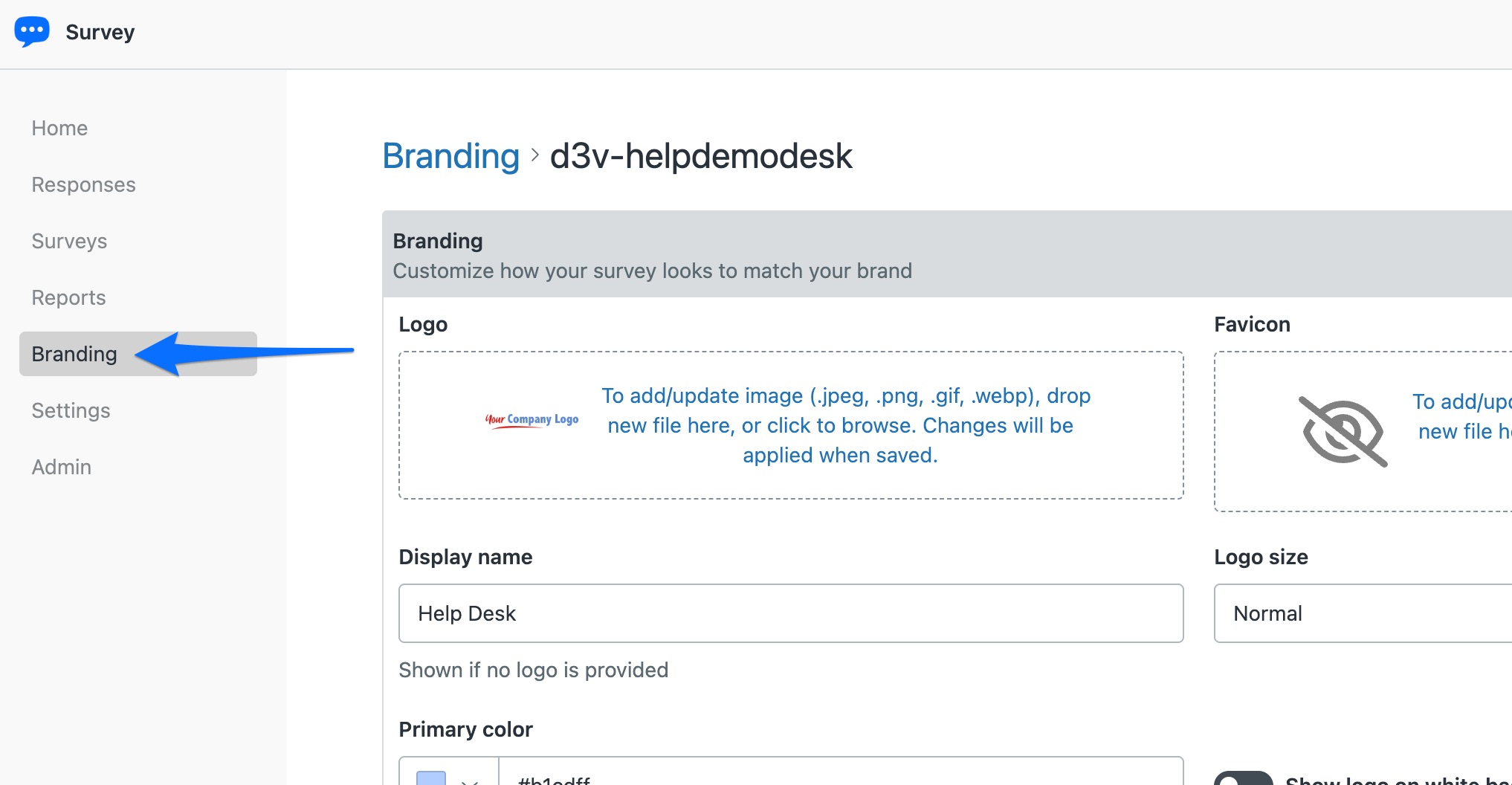 The Survey app Branding screen (Branding in the left menu), where you upload a logo and set the display name and colors that style the customer-facing survey page.