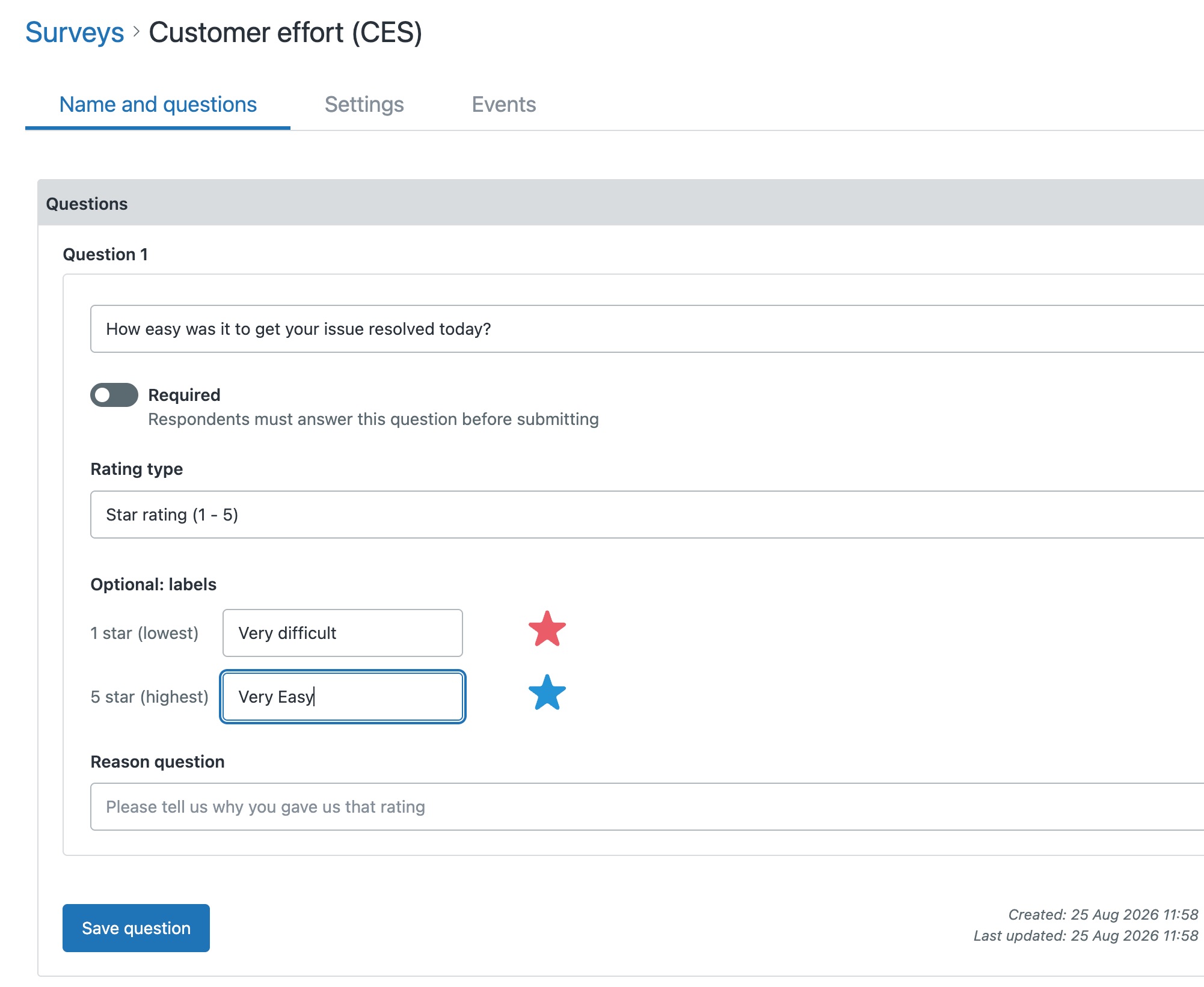 The Survey app question editor for the effort question 'How easy was it to get your issue resolved today?', with Rating type set to Star rating (1-5) and labels Very difficult at 1 star and Very easy at 5 stars.