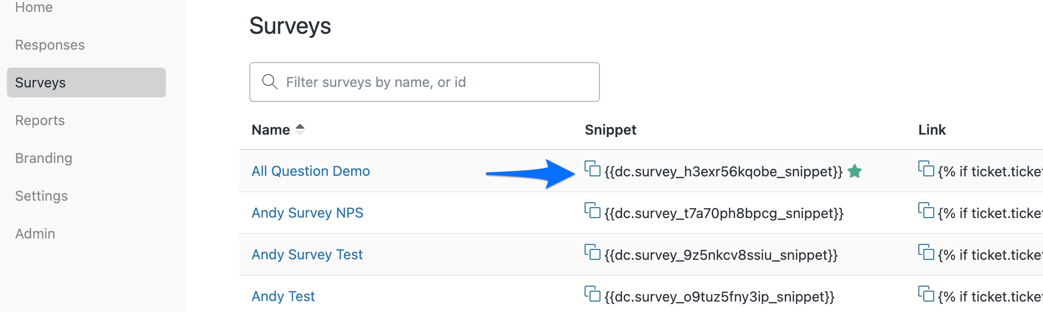 The Surveys list with a Snippet column, each survey showing a copy icon next to its snippet placeholder, used to copy the snippet into a Zendesk trigger or automation email.