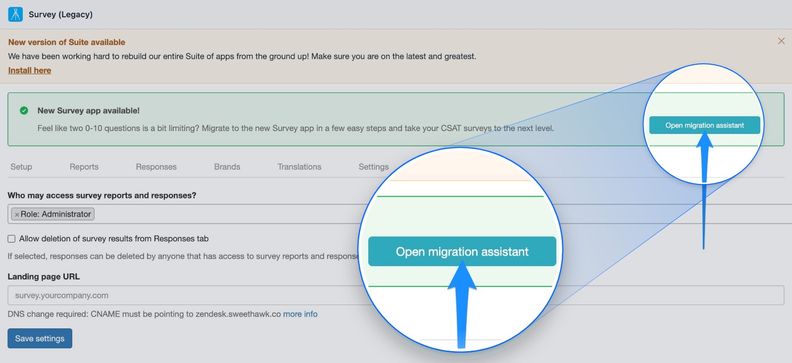 The legacy Survey app's Admin tab, with a magnified view of the Open migration assistant button in the green New Survey app available box