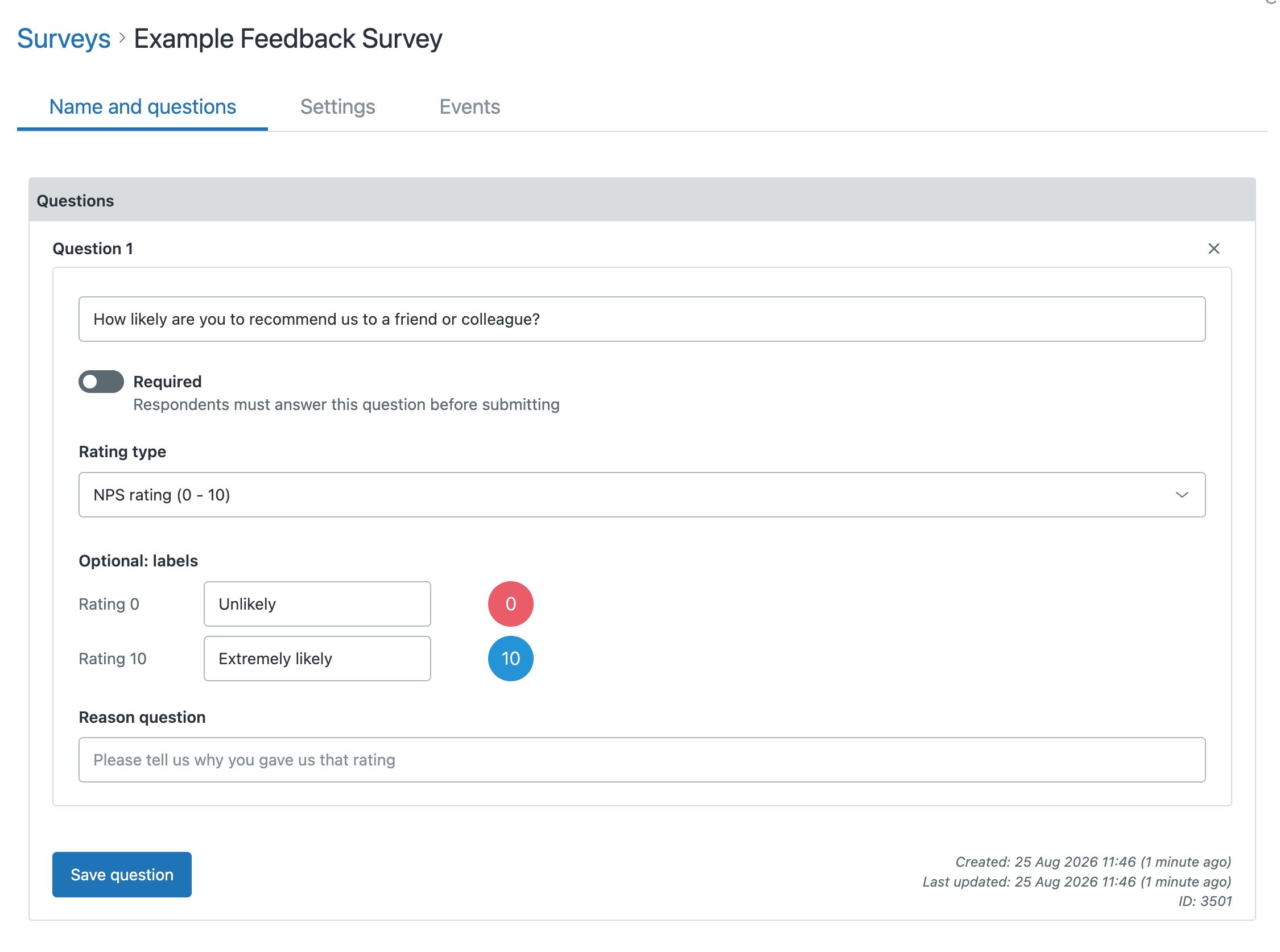 The Survey app question editor with Rating type already set to NPS rating (0-10), and the optional labels filled in, Unlikely for Rating 0 and Extremely likely for Rating 10, with Save question at the bottom.