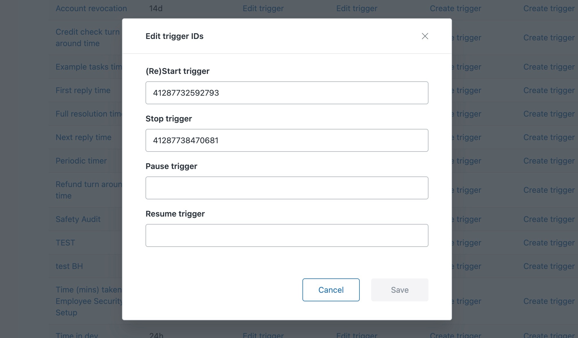 Edit trigger IDs dialog in the new Timers app, with the (Re)Start and Stop trigger IDs pasted in