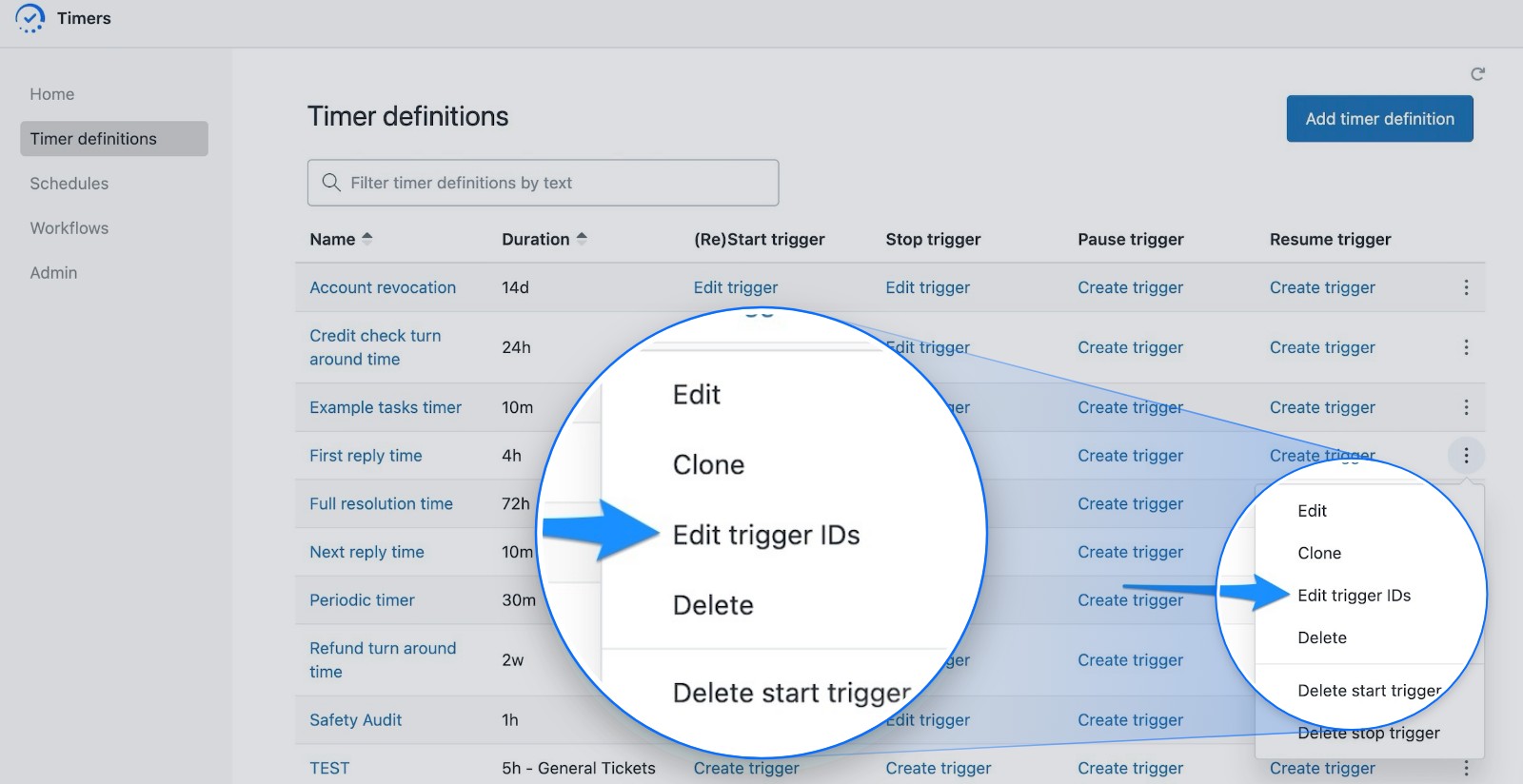 Timer definitions list in the new Timers app, with the row menu open on Edit trigger IDs