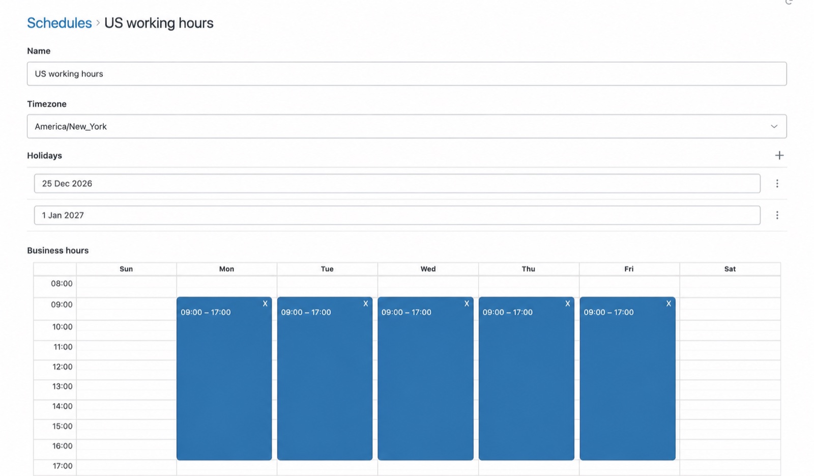 The Timers schedule editor for US working hours: timezone America/New_York, holidays on 25 December and 1 January, and 9:00 to 17:00 business hours Monday to Friday.