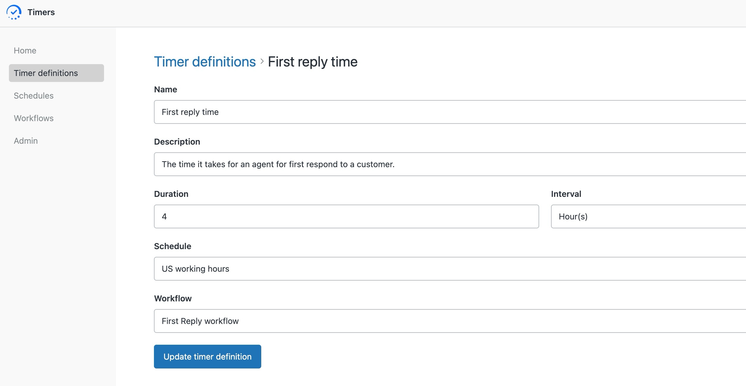 Creating a timer definition in the new Timers app: name, duration, interval, schedule and workflow