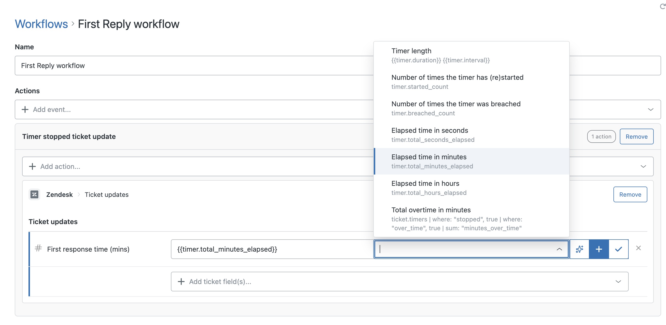 A Timers workflow with a Timer stopped ticket update writing the Elapsed time in minutes placeholder into a First response time (mins) number field.