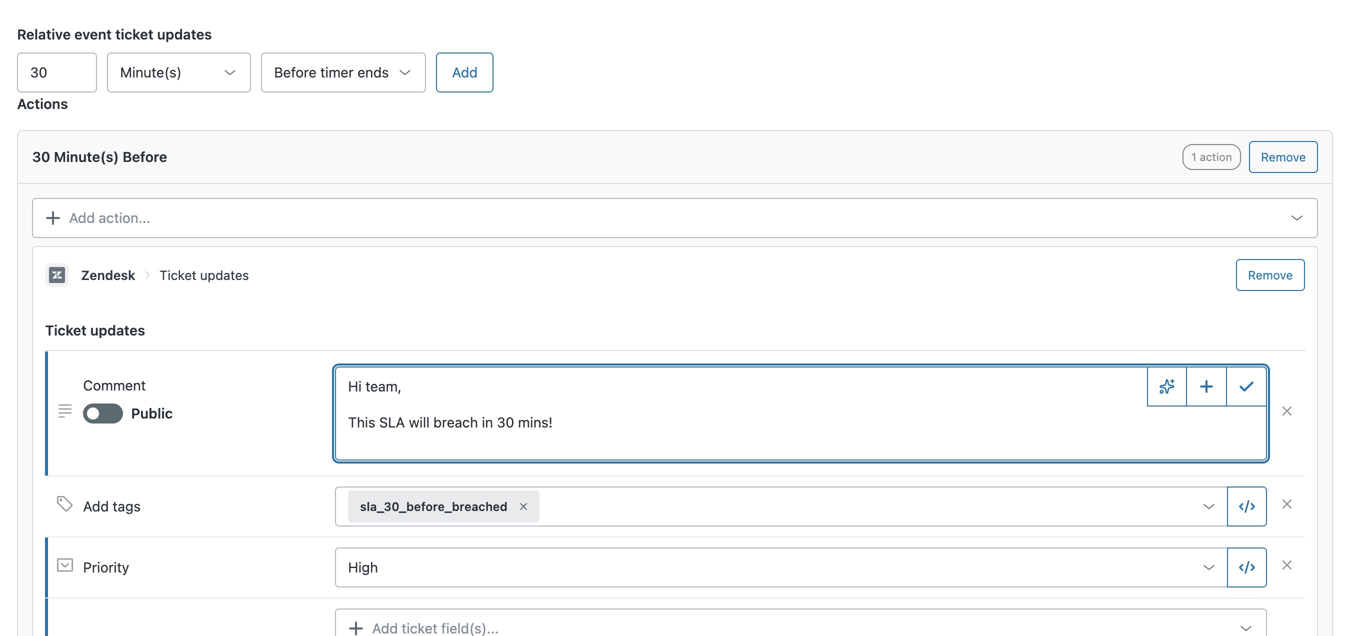 Relative event ticket updates set to 30 minutes before the timer ends, with an internal comment, the tag sla_30_before_breached and priority set to High.